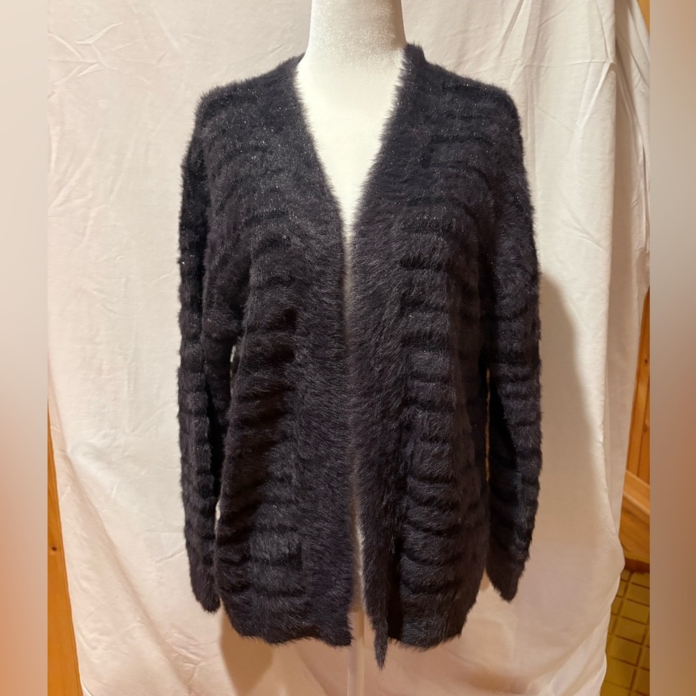 Trucloth Womens Striped Fuzzy Eyelash Knit Cardigan Sweater Sz L